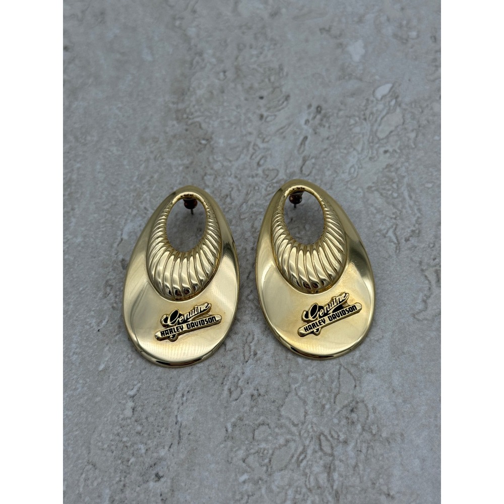 Vintage Harley Davidson Genuine Gold Tone Statement Earrings Biker 2.25"